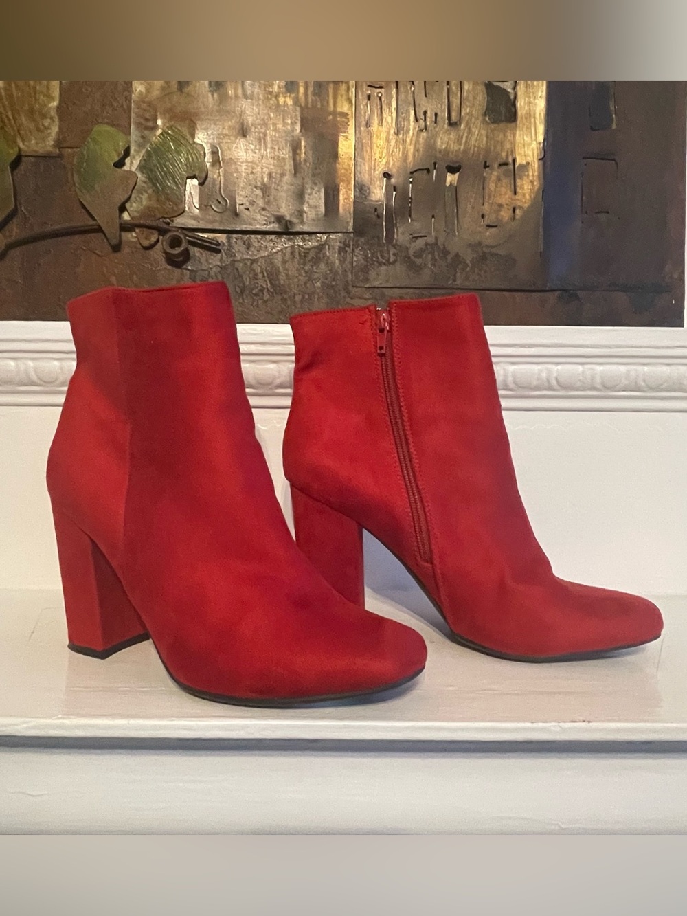 BAMBOO Red Suede Block Heel Ankle Boots NWOT Size 10